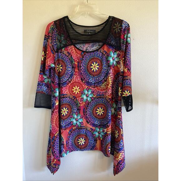 Calessa Vibrant Floral Boho Flower Hippie Mesh Cutout Tunic Top Wearable Art L - Picture 1 of 9